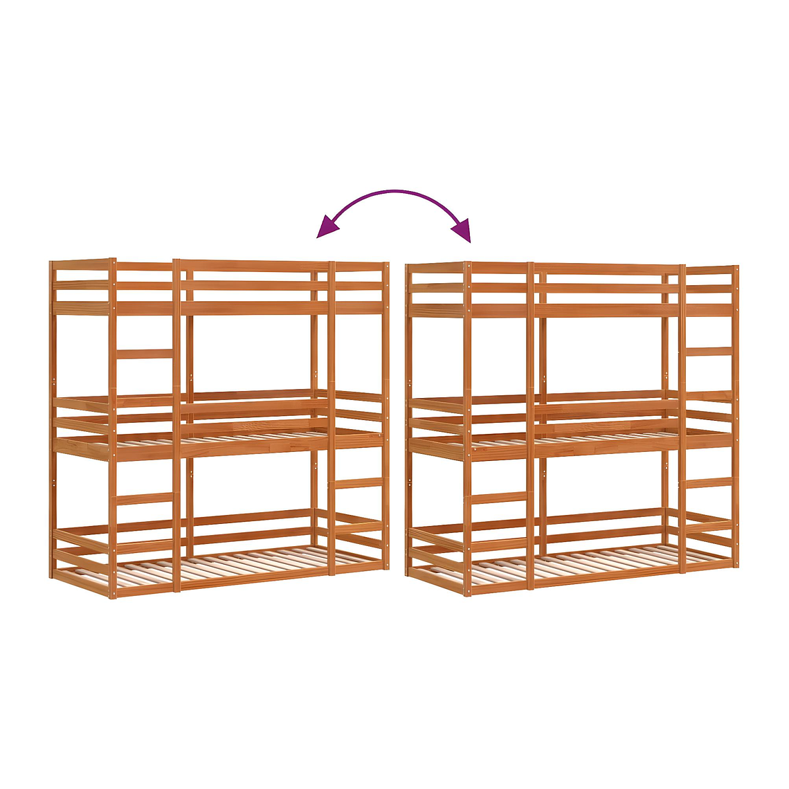 Camarote triple de madera maciza de pino marrón cera 75x190 cm 8