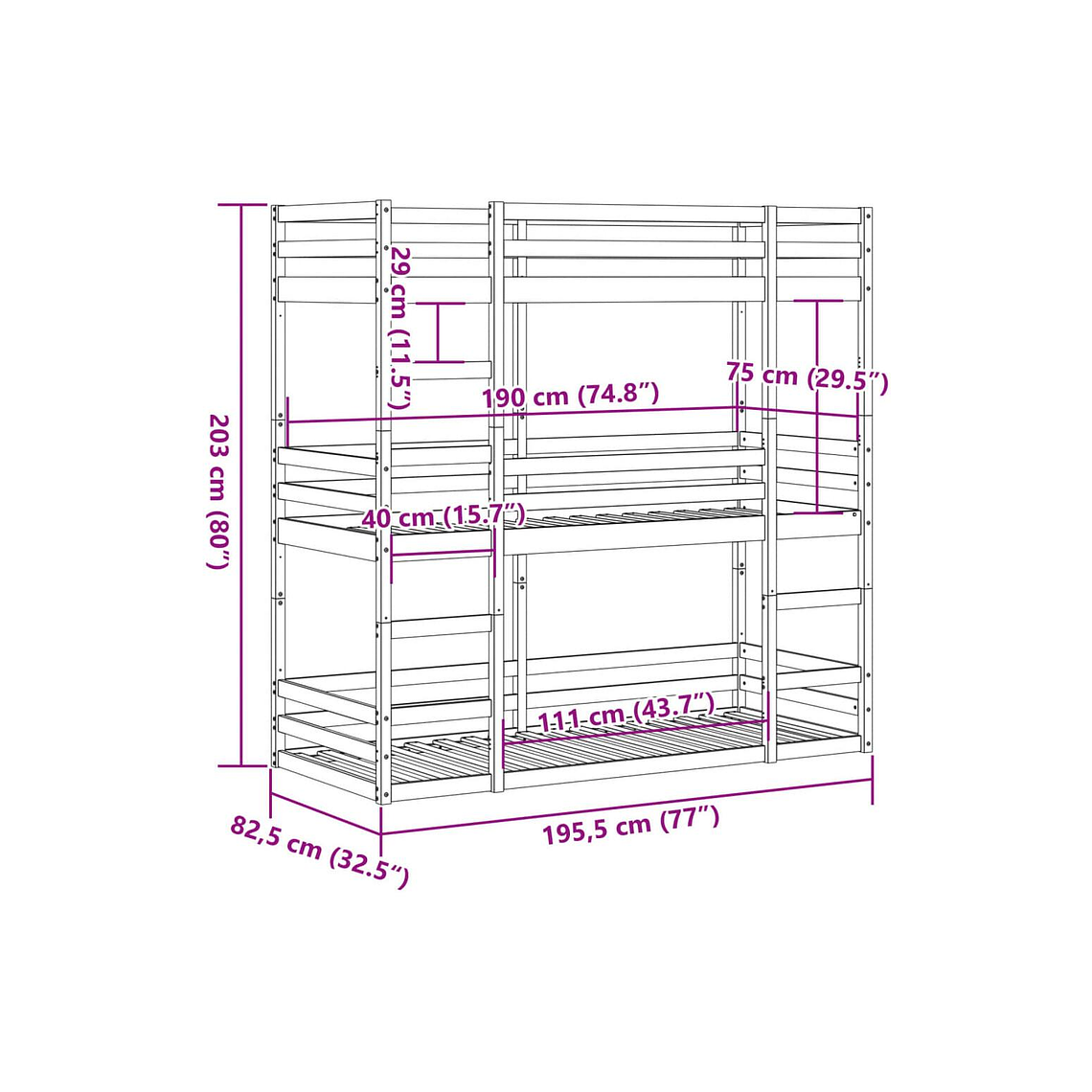 Camarote triple de madera maciza de pino marrón cera 75x190 cm 10