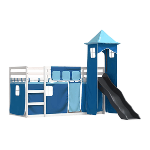 Camarote con tobogán y cortinas azul 90x190 cm