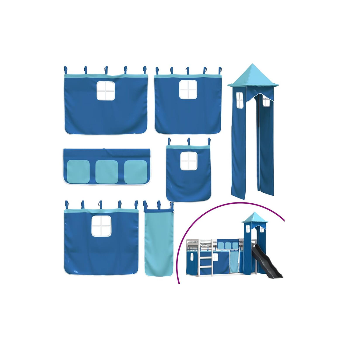 Camarote con tobogán y cortinas azul 90x190 cm 5