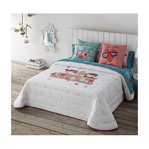 COLCHA CON RELLENO BOUTÍ JUVENIL INFANTIL SELFIE CHICAS Y TOPITOS ROSA CAMA 1 PLAZA