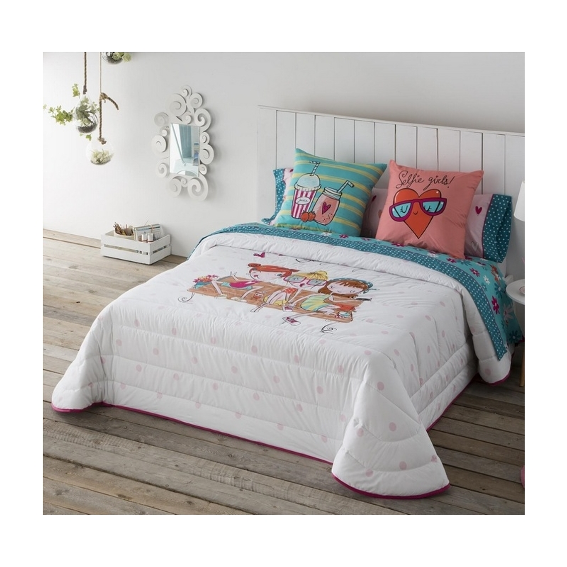 COLCHA CON RELLENO BOUTÍ JUVENIL INFANTIL SELFIE CHICAS Y TOPITOS ROSA CAMA 2 PLAZA 1