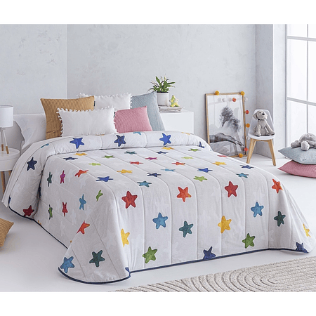 COLCHA VERANO INFANTIL CON RELLENO ALTET ESTRELLAS DE COLORES CAMA 1.5 PLAZA