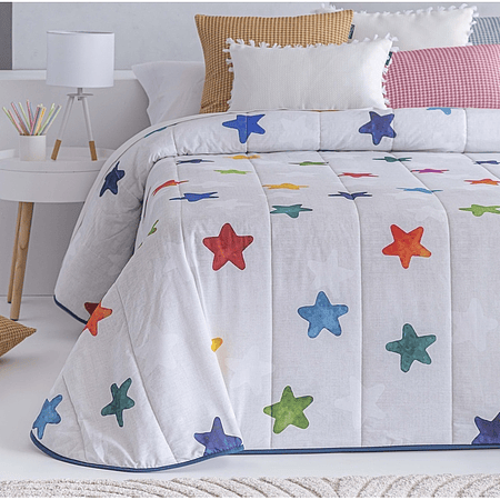 COLCHA VERANO INFANTIL CON RELLENO ALTET ESTRELLAS DE COLORES CAMA 1.5 PLAZA