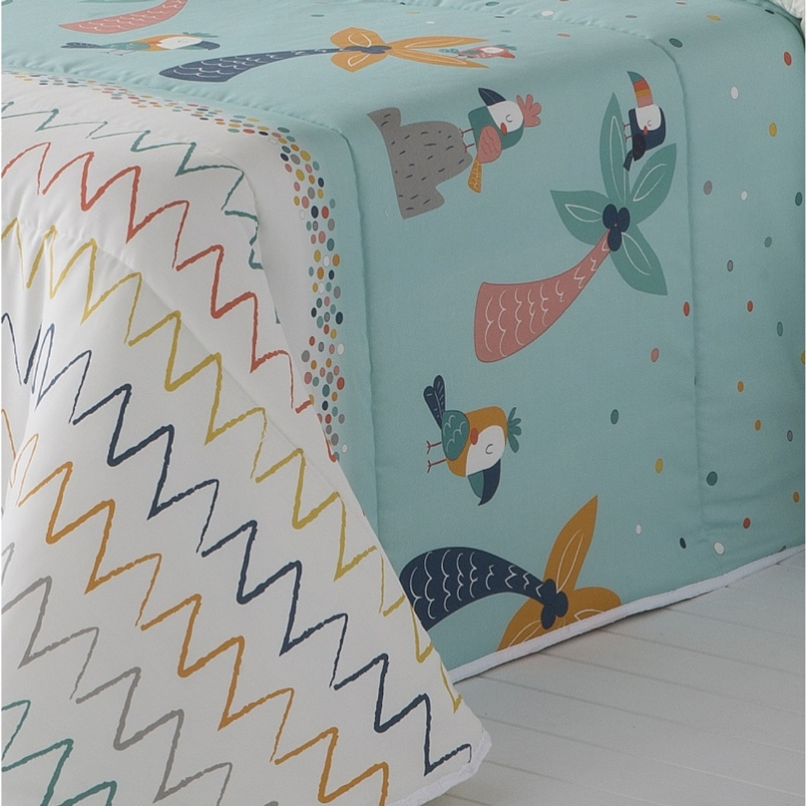 EDREDÓN INFANTIL DIBUJO LOROS, PALMERAS Y ZIGZAG ALOHA PRINCIPAL COLOR TURQUESA 1 PLAZA 2