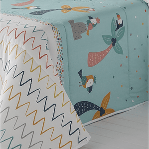 EDREDÓN INFANTIL DIBUJO LOROS, PALMERAS Y ZIGZAG ALOHA PRINCIPAL COLOR TURQUESA 1 PLAZA