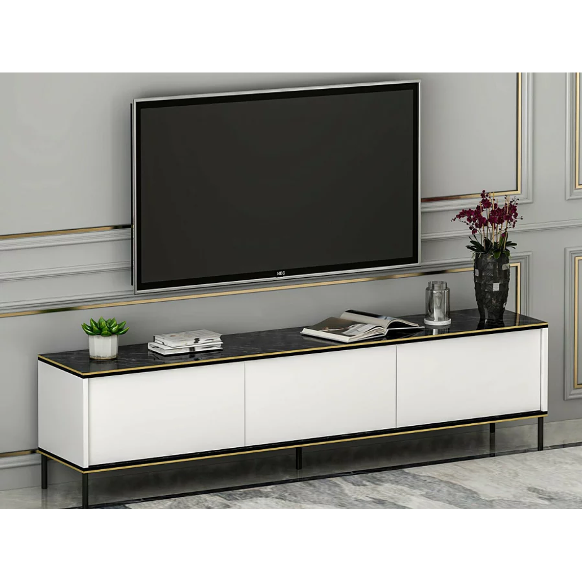 Mueble TV Kailua 1711 (Blanco + Mármol negro) 1