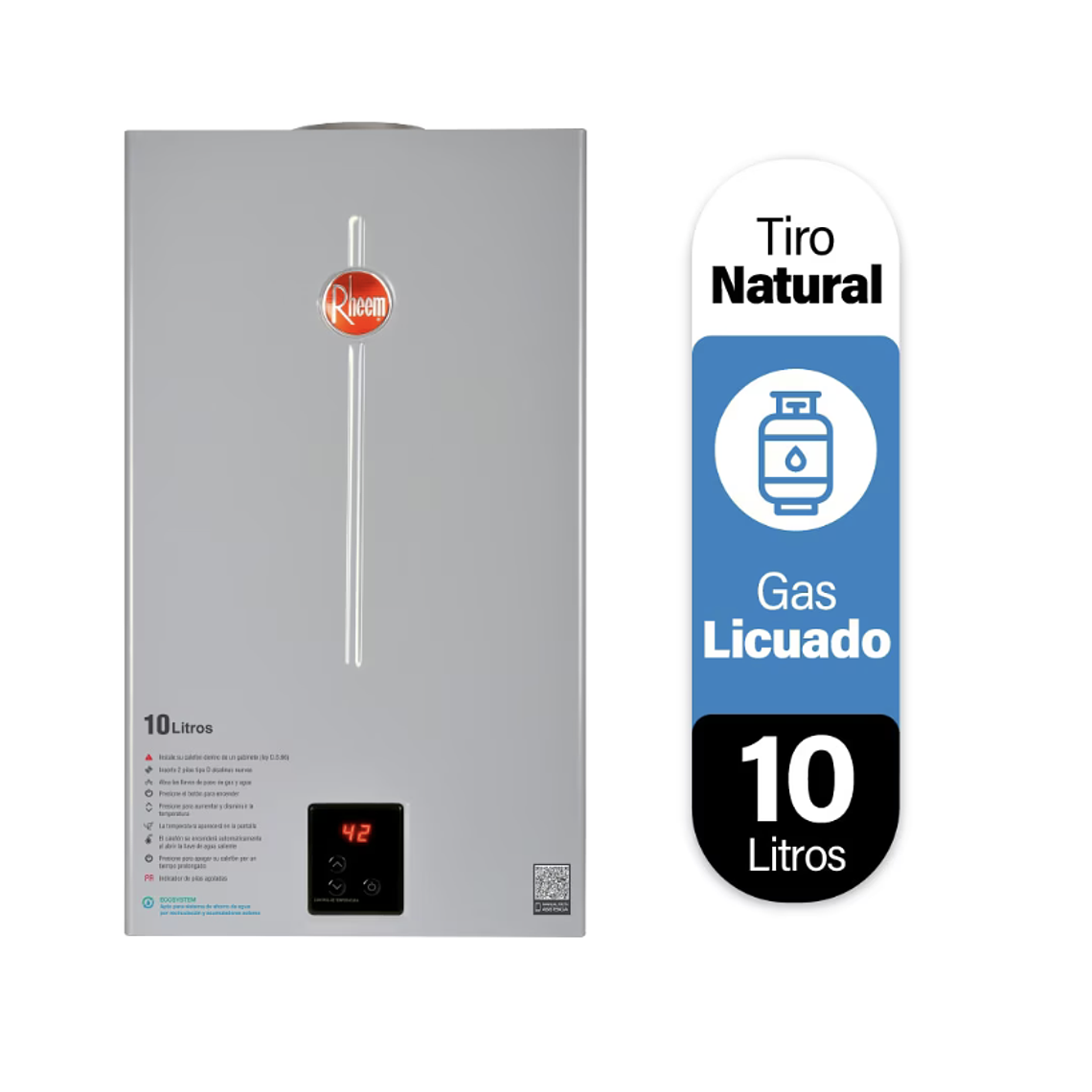 CALEFONT DIGITAL 10 LITROS GAS LICUADO TIRO NATURAL RHEEM 1
