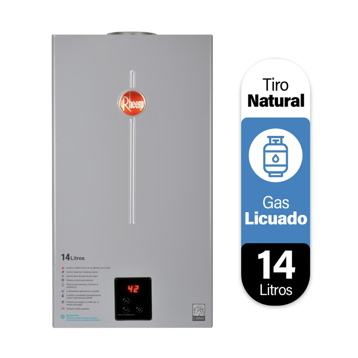 CALEFONT DIGITAL 14 LITROS GAS LICUADO TIRO NATURAL RHEEM 1