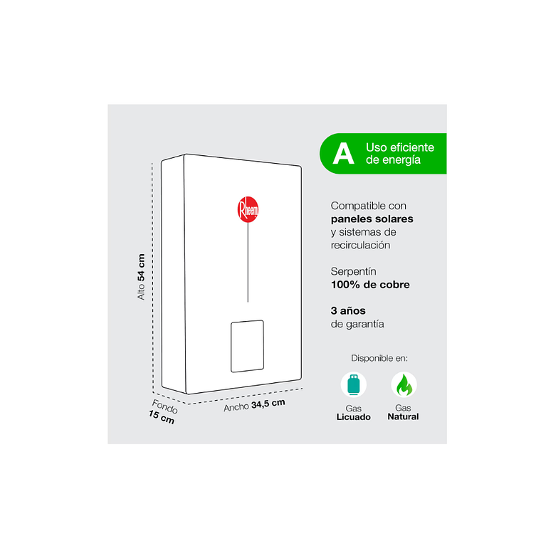 PACK CALEFONT RHEEM 10L. T.FORZADO G.LICUADO + KIT DUCTO 8