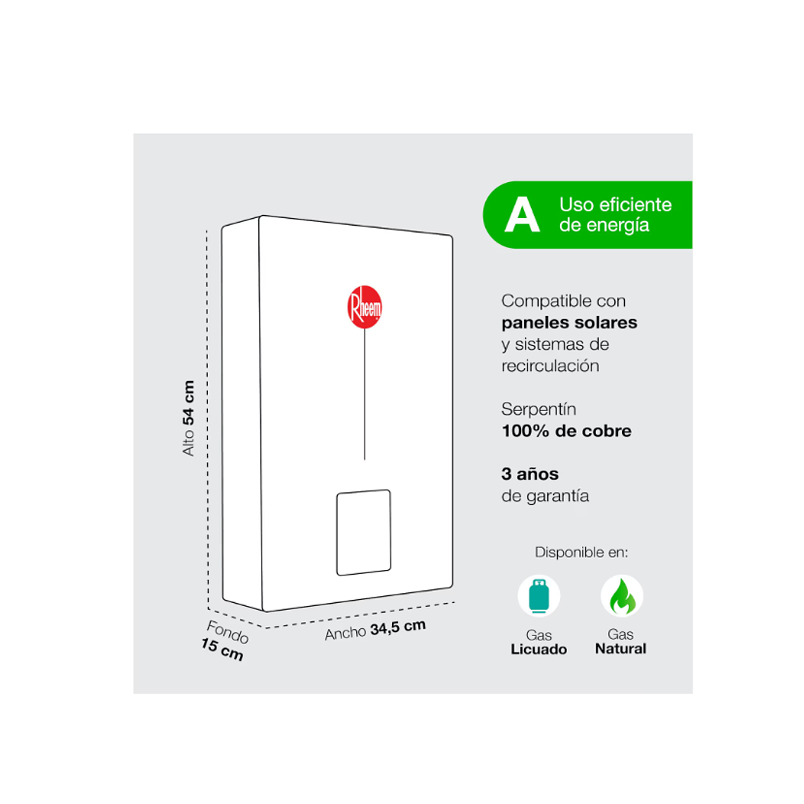 PACK CALEFONT RHEEM 16L T.FORZADO G.NATURAL + KIT DUCTOS 6