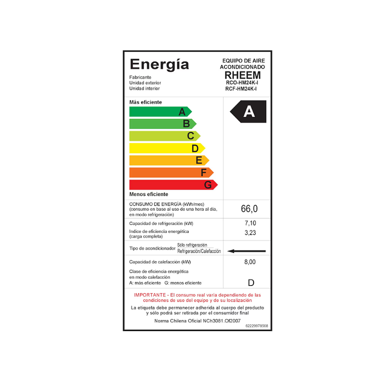 AIRE ACONDICIONADO SPLIT PISO-CIELO 24000 BTU INVERTER RHEEM 4