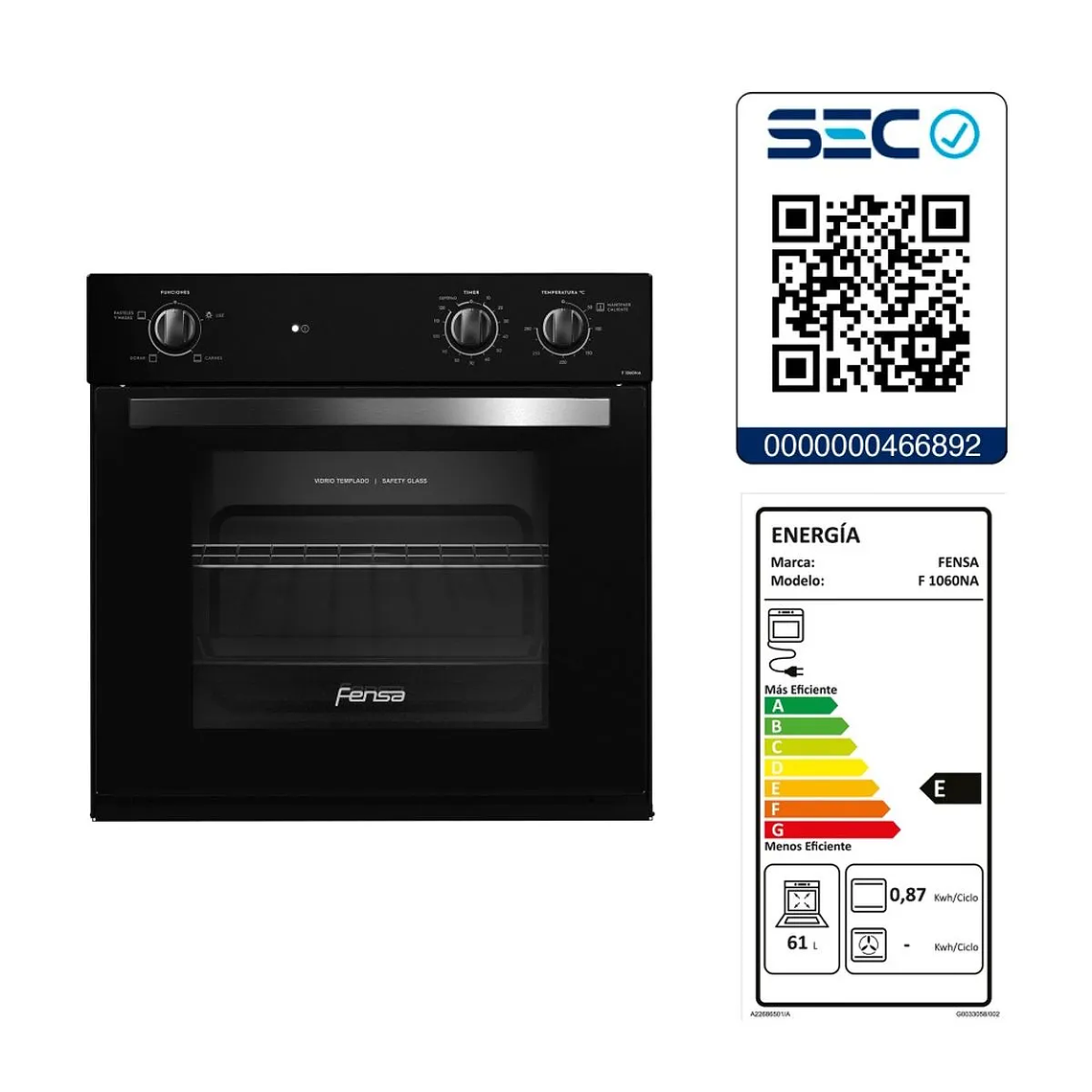 HORNO EMPOTRABLE ELÉCTRICO FENSA 66L TIMER Y CAVIDAD ESMALTADA F 1060N A NEGRO 10