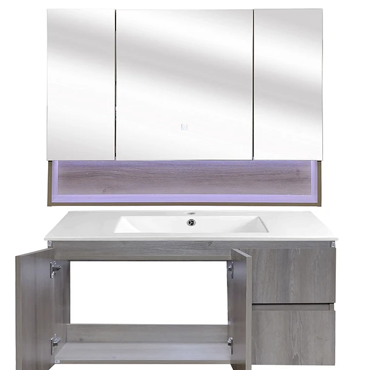 Kit Mueble Vanitorio a Muro con Botiquín Espejo Space Nogal Claro 100 cm 2