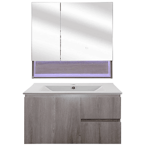 Kit Mueble Vanitorio a Muro con Botiquín Espejo Space Nogal Claro 80 cm