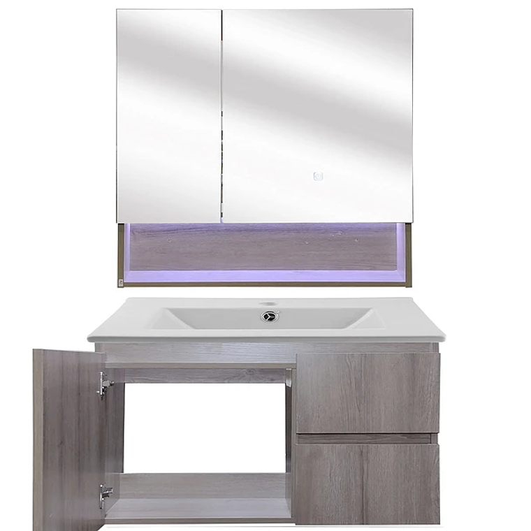 Kit Mueble Vanitorio a Muro con Botiquín Espejo Space Nogal Claro 80 cm 2