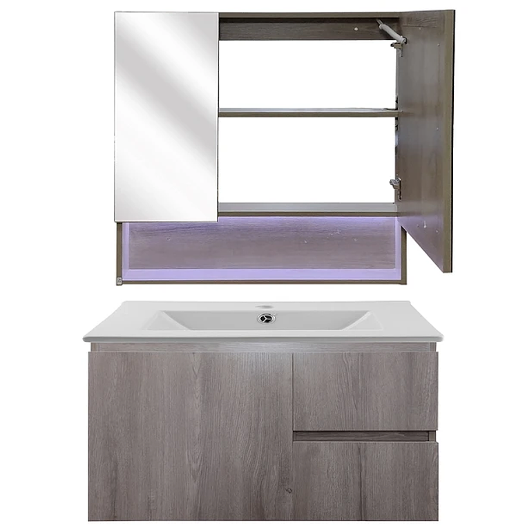 Kit Mueble Vanitorio a Muro con Botiquín Espejo Space Nogal Claro 80 cm 3