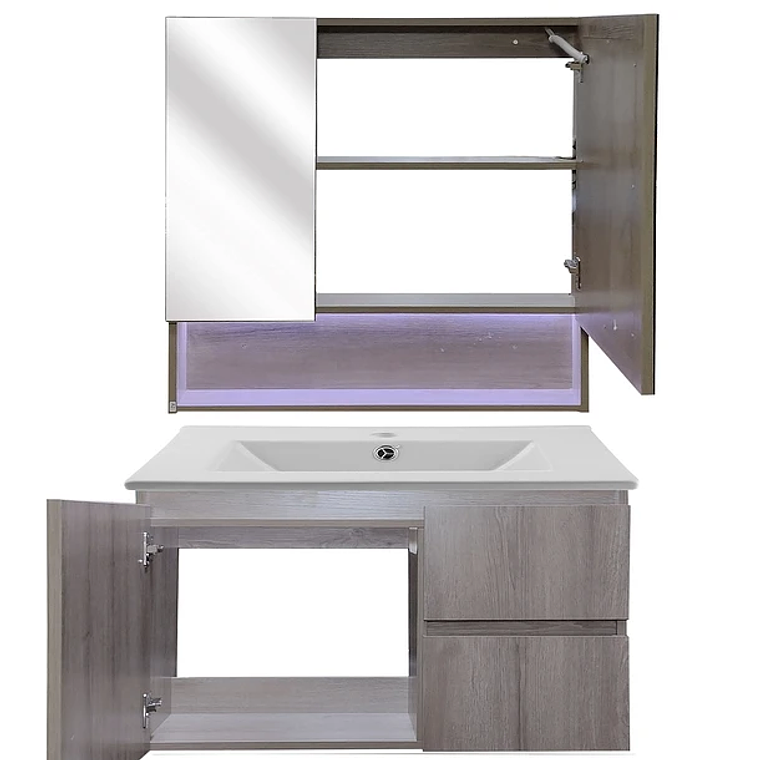 Kit Mueble Vanitorio a Muro con Botiquín Espejo Space Nogal Claro 80 cm 5