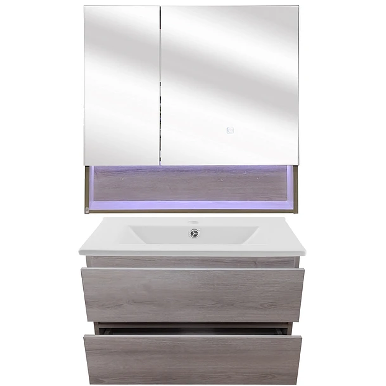 Kit Mueble con Vanitorio a muro y Botiquin Espejo Space Nogal Claro 70cm 2