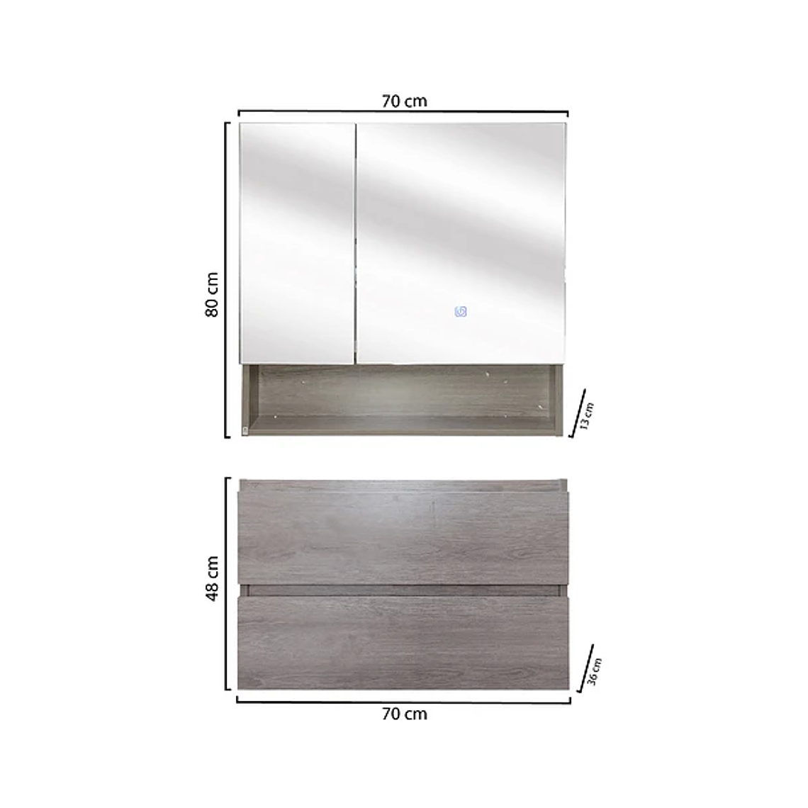 Kit Mueble con Vanitorio a muro y Botiquin Espejo Space Nogal Claro 70cm 3
