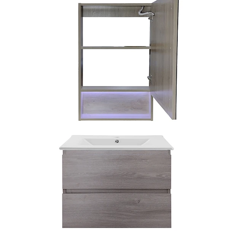 Kit Mueble Vanitorio a Muro con Botiquín Espejo Space Nogal Claro 60 cm 3