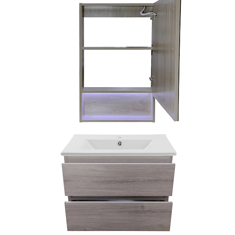 Kit Mueble Vanitorio a Muro con Botiquín Espejo Space Nogal Claro 60 cm 5