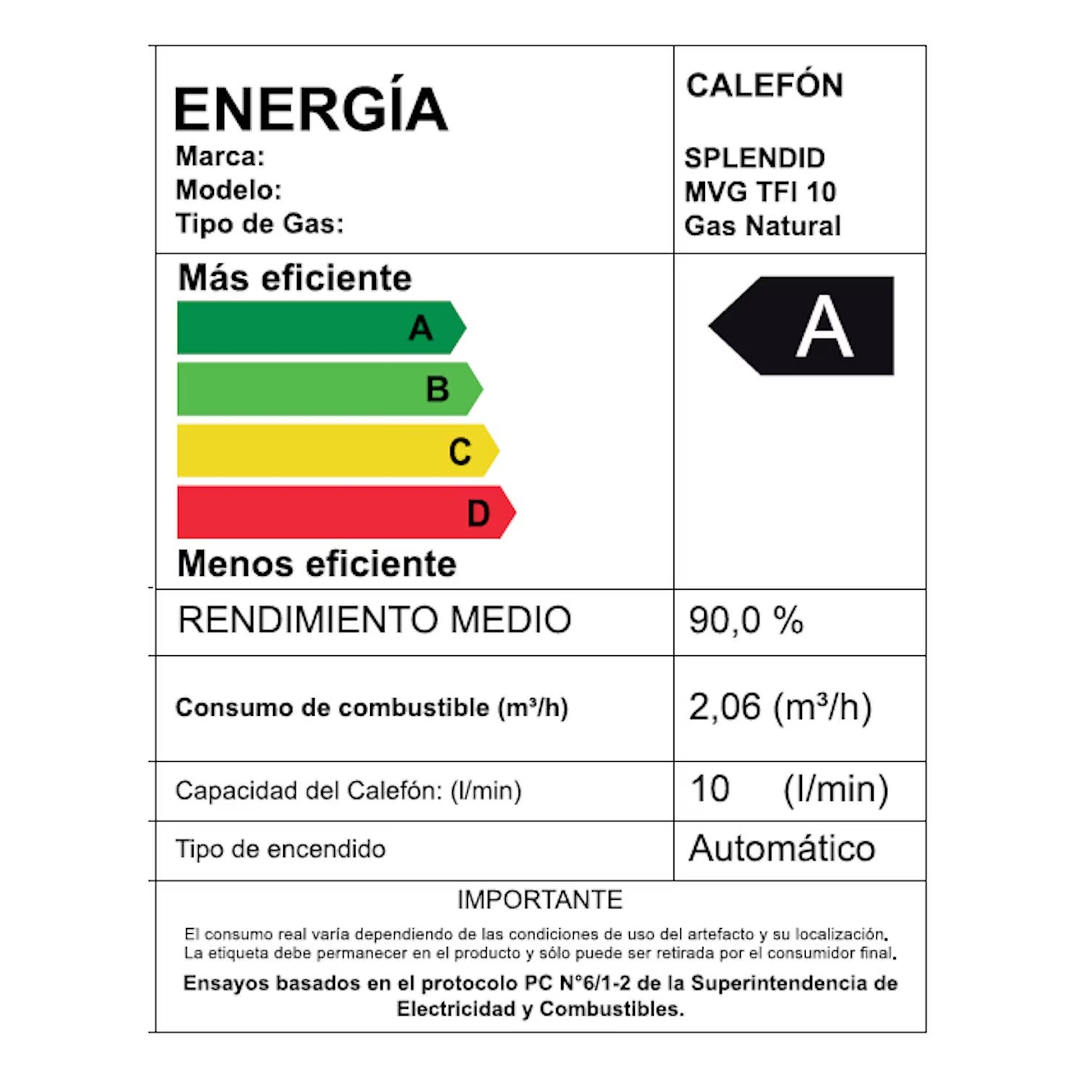 CALEFONT 10 LITROS GAS NATURAL TIRO FORZADO SPLENDID