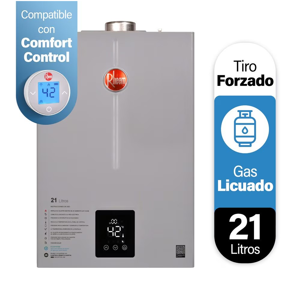 CALEFONT DIGITAL 21 LITROS GAS LICUADO TIRO FORZADO RHEEM 1