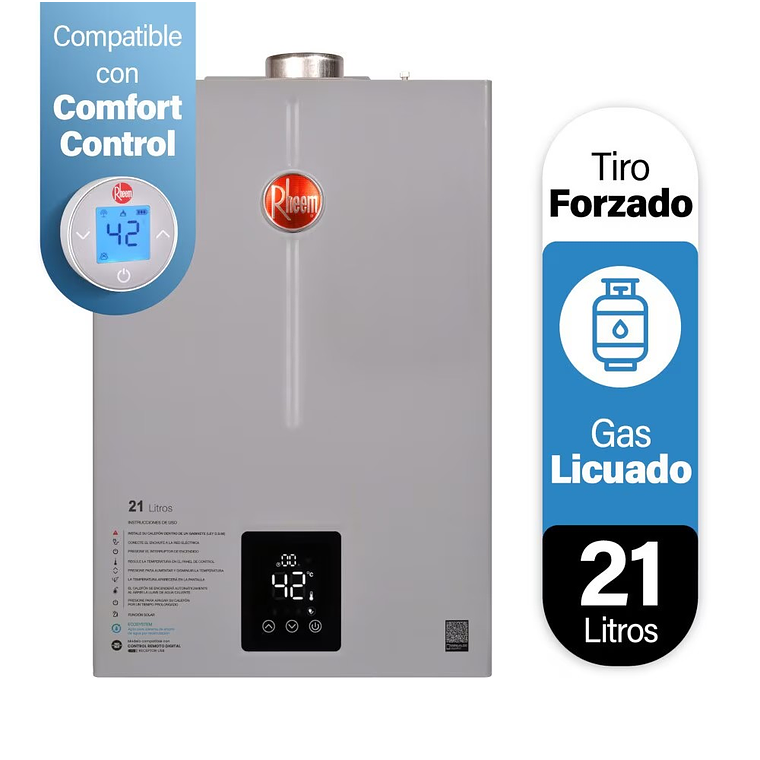 CALEFONT DIGITAL 21 LITROS GAS LICUADO TIRO FORZADO RHEEM 1