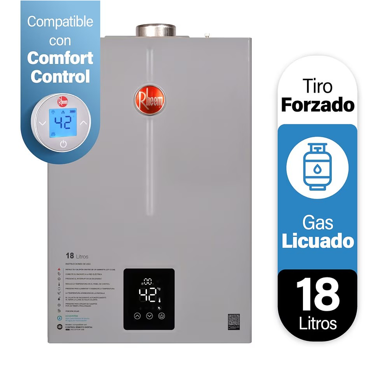 CALEFONT DIGITAL 18 LITROS GAS LICUADO TIRO FORZADO RHEEM 1