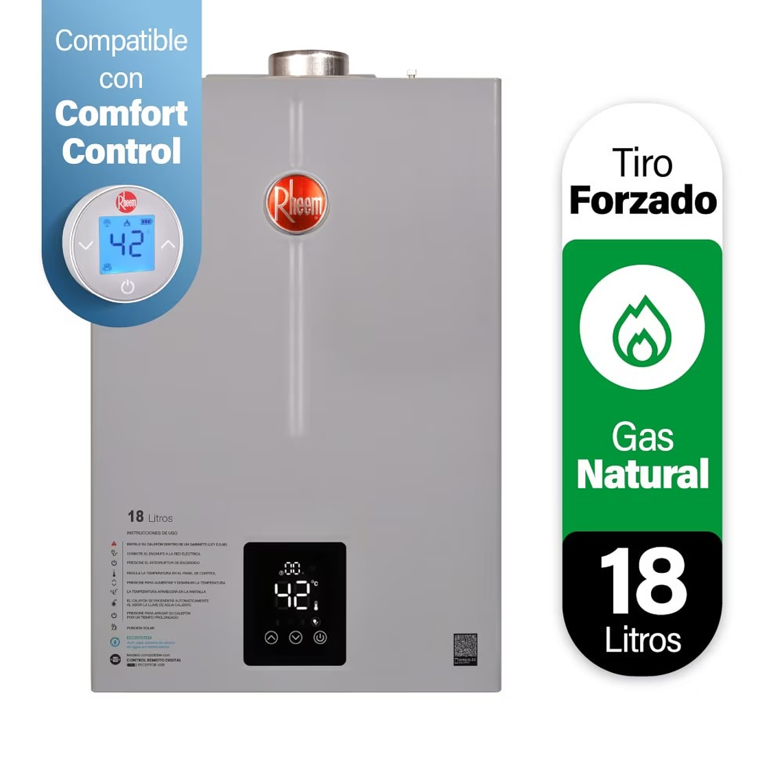CALEFONT DIGITAL 18 LITROS GAS NATURAL TIRO FORZADO RHEEM 1