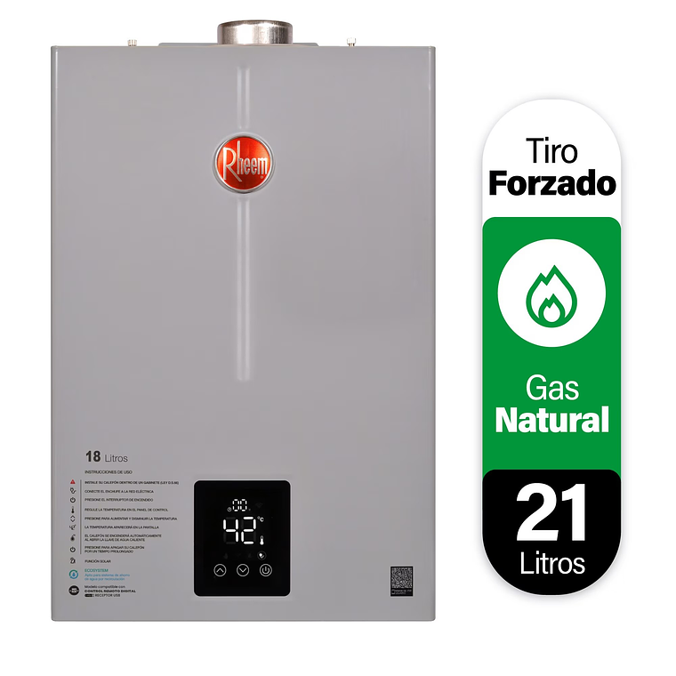 CALEFONT DIGITAL 21 LITROS GAS NATURAL TIRO FORZADO RHEEM 1
