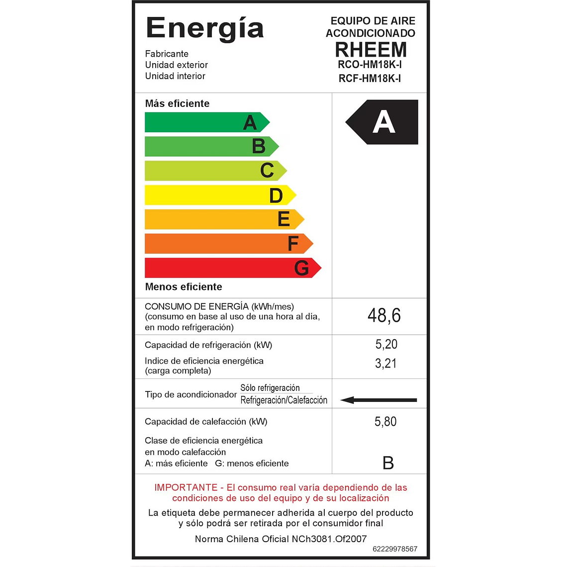 AIRE ACONDICIONADO SPLIT PISO-CIELO 18000 BTU INVERTER RHEEM 4