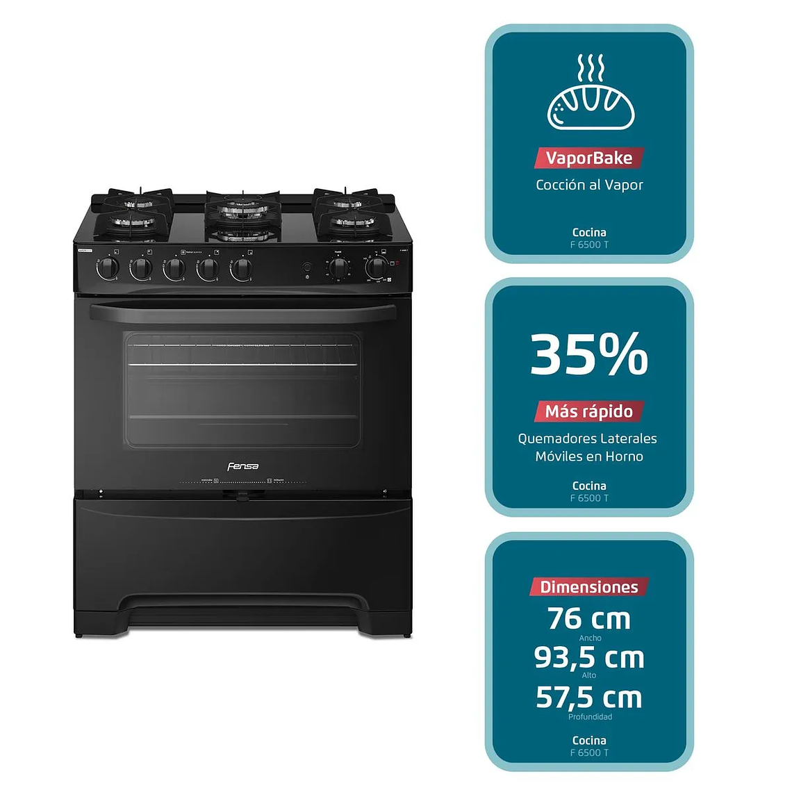 COCINA A GAS 5 PLATOS FENSA EXPERIENCE CUBIERTA VIDRIO Y GRILL ELÉCTRICO F 6500 T NEGRA 9