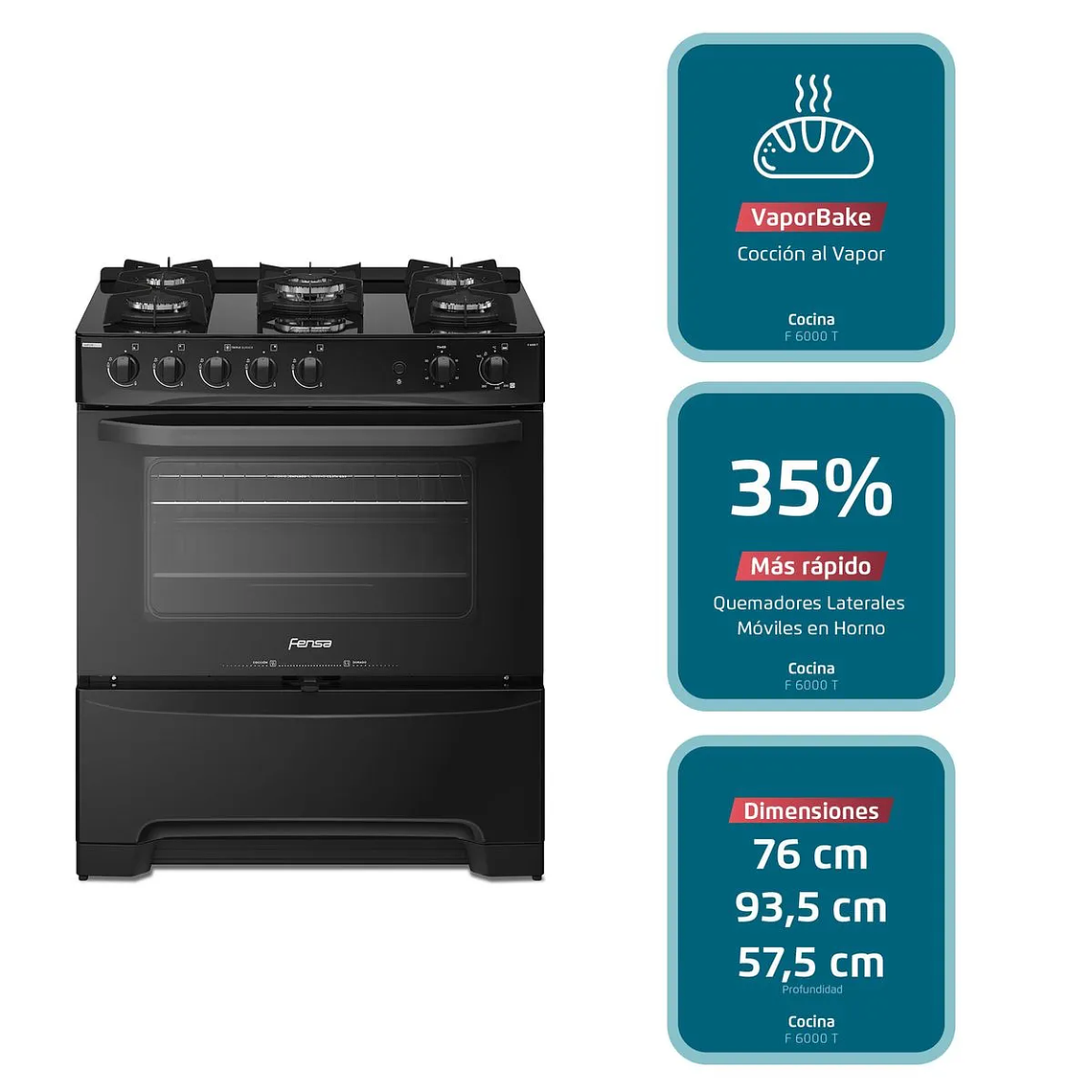 COCINA A GAS 5 PLATOS FENSA EXPERIENCE CON VAPORBAKE Y CUBIERTA VIDRIO F 6000 T NEGRA 6