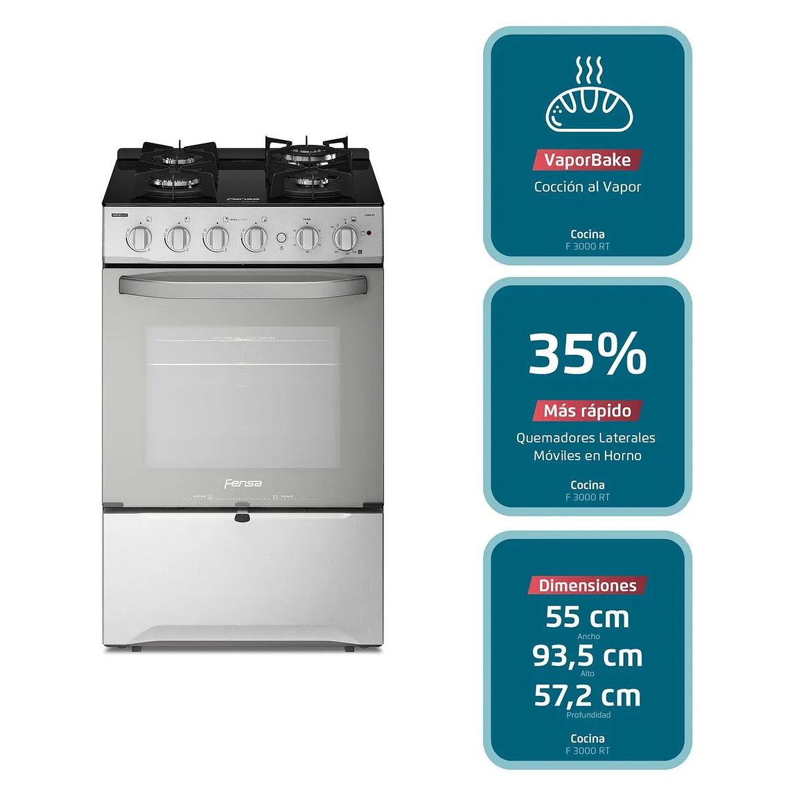 COCINA A GAS 4 PLATOS FENSA EXPERIENCE CON VAPORBAKE Y CUBIERTA VIDRIO F 3000 RT INOX 5