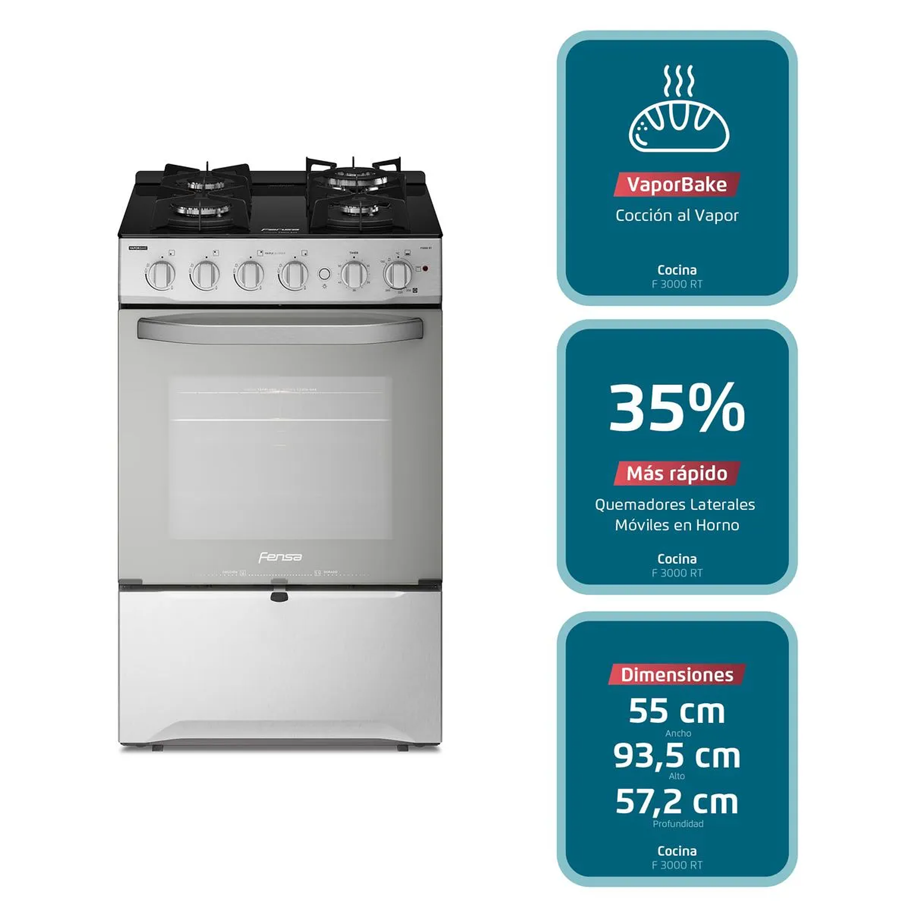 COCINA A GAS 4 PLATOS FENSA EXPERIENCE CON VAPORBAKE Y CUBIERTA VIDRIO F 3000 RT INOX