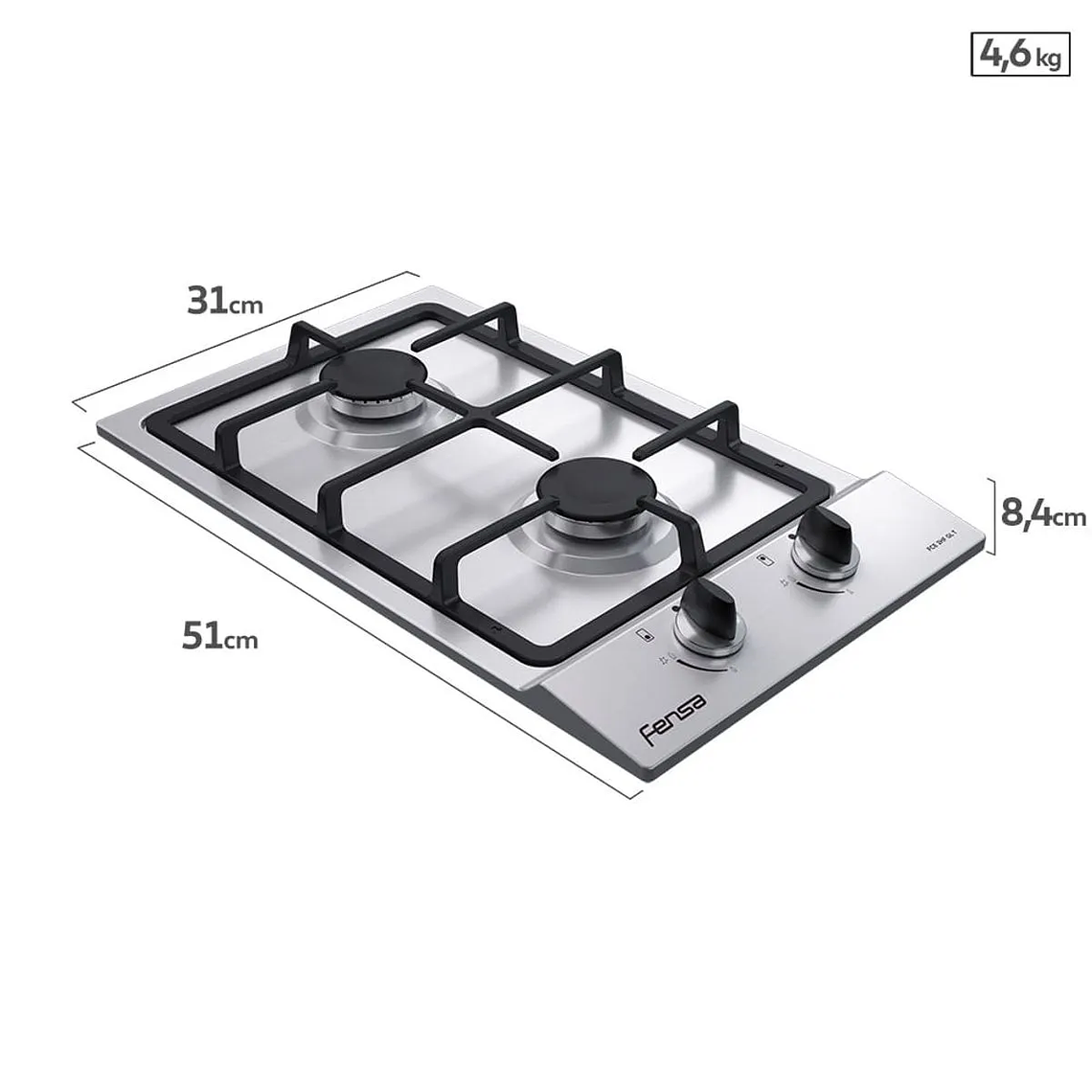 ENCIMERA A GAS 2 PLATOS FENSA ENCENDIDO ELÉCTRICO Y PARRILLA HIERRO FUNDIDO FCE 2HF GL T INOX 6