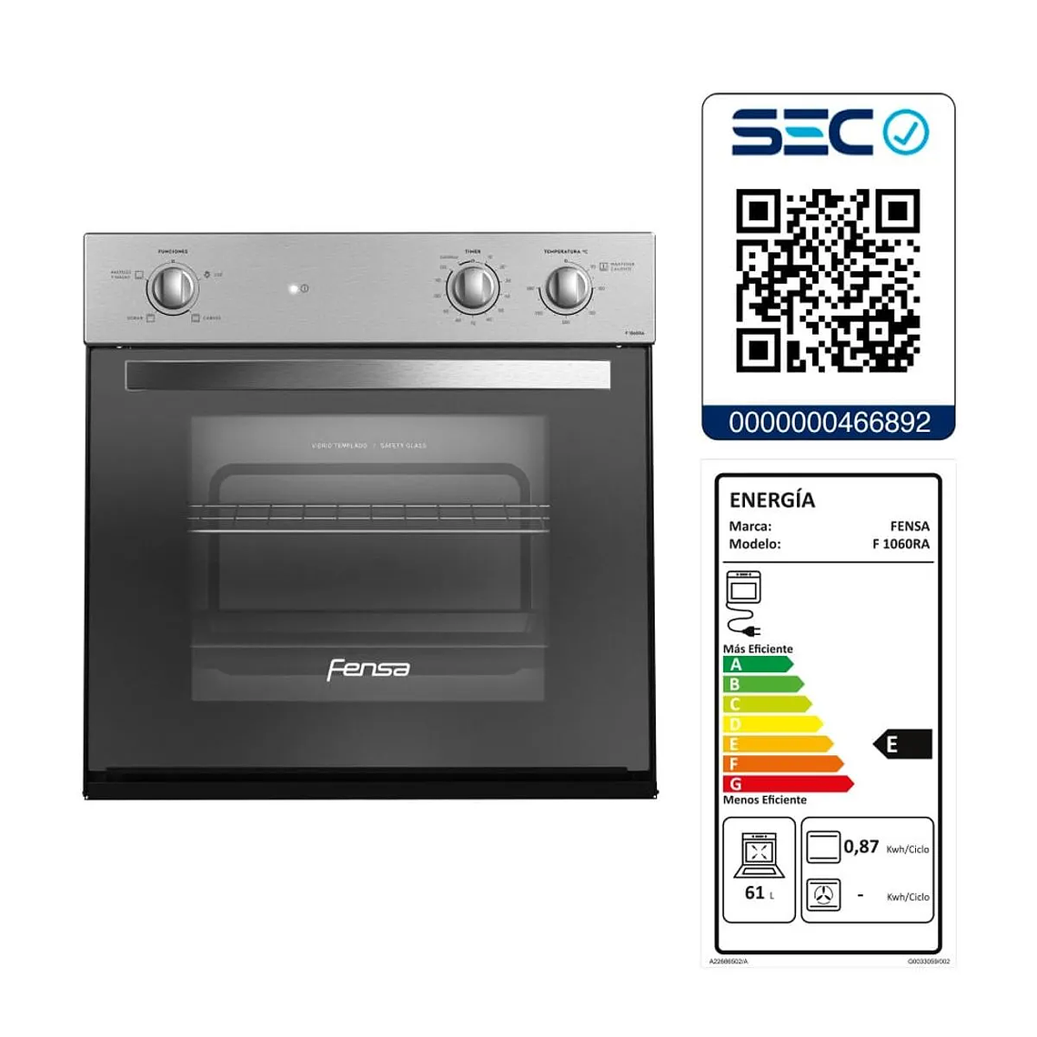 HORNO EMPOTRABLE ELÉCTRICO FENSA 66L TIMER Y CAVIDAD ESMALTADA F 1060R A GRIS 12