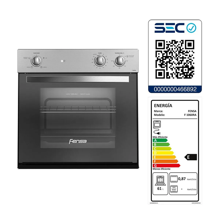 HORNO EMPOTRABLE ELÉCTRICO FENSA 66L TIMER Y CAVIDAD ESMALTADA F 1060R A GRIS 12