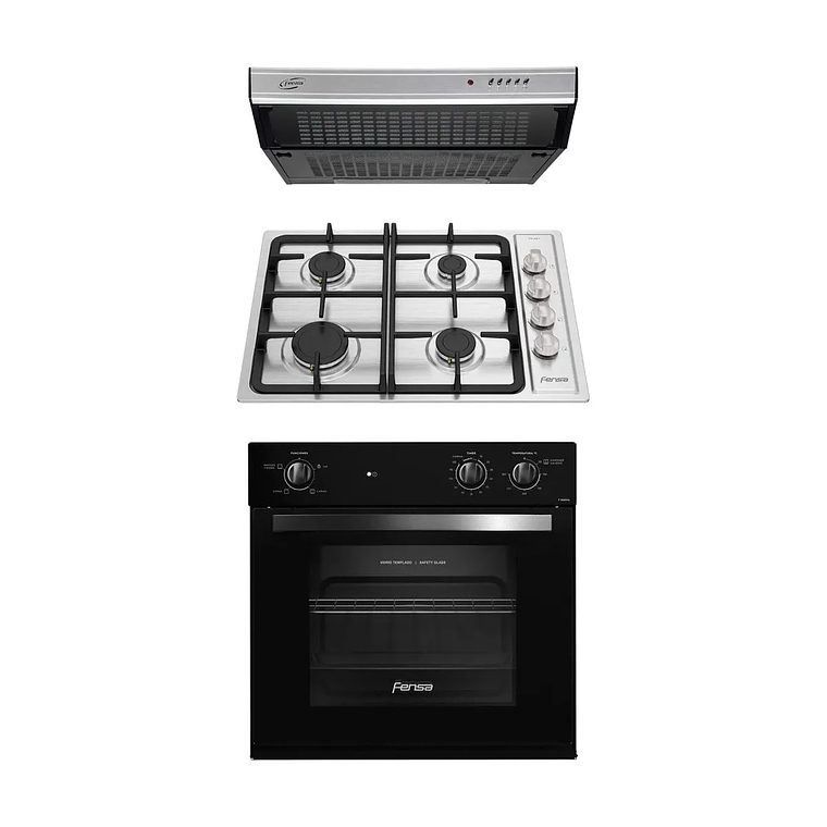 KIT CAMPANA DE COCINA EXTRACTORA FENSA 60 CM FX U6160 + ENCIMERA FENSA FCE 4HF T + HORNO EMPOTRABLE FENSA F 1060N A 1