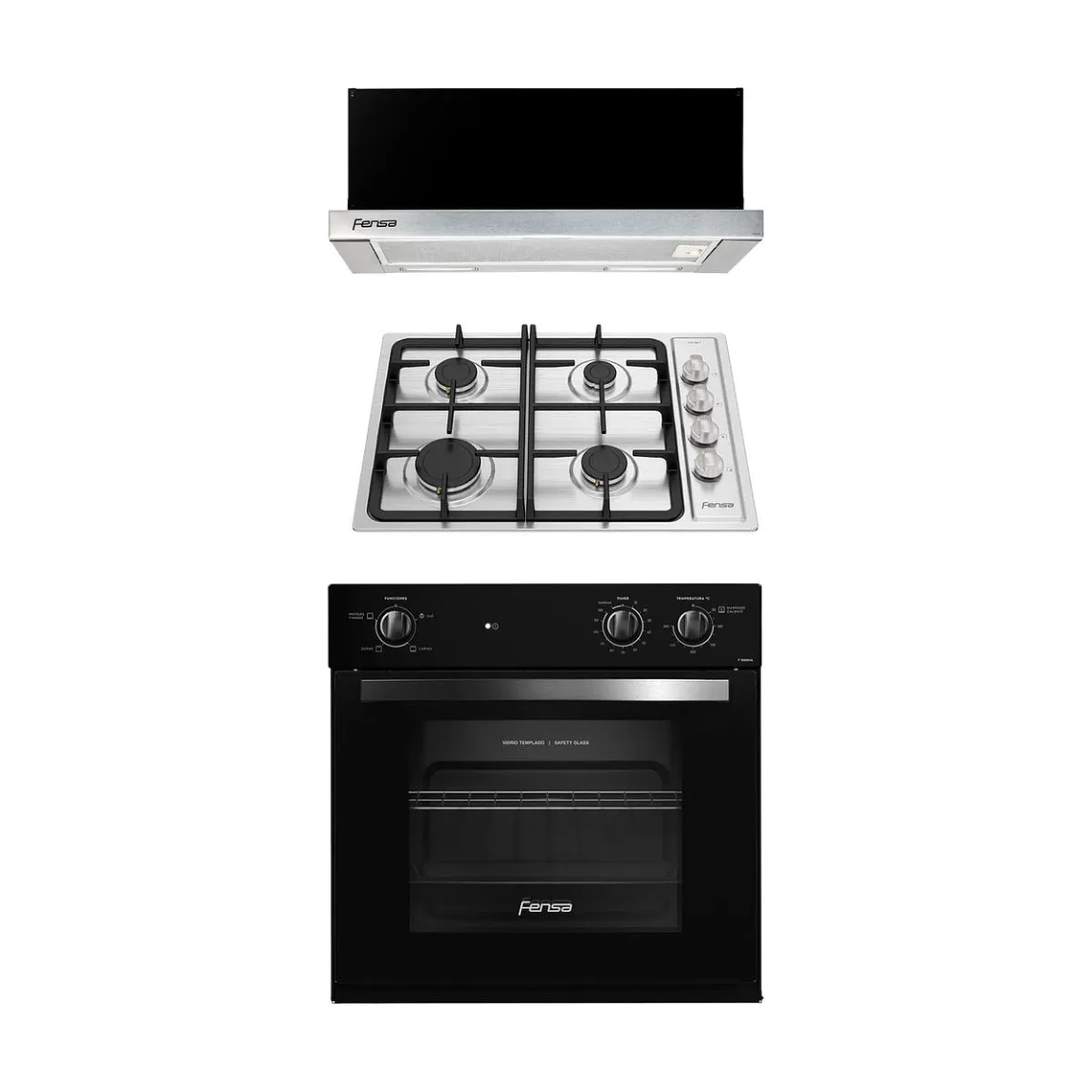 KIT HORNO EMPOTRABLE ELÉCTRICO F 1060N A 66L + ENCIMERA A GAS FCE 4HF T + CAMPANA DE COCINA EXTRACTORA FX 6270 FENSA 1