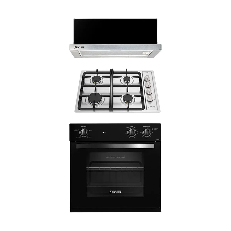 KIT HORNO EMPOTRABLE ELÉCTRICO F 1060N A 66L + ENCIMERA A GAS FCE 4HF T + CAMPANA DE COCINA EXTRACTORA FX 6270 FENSA 1