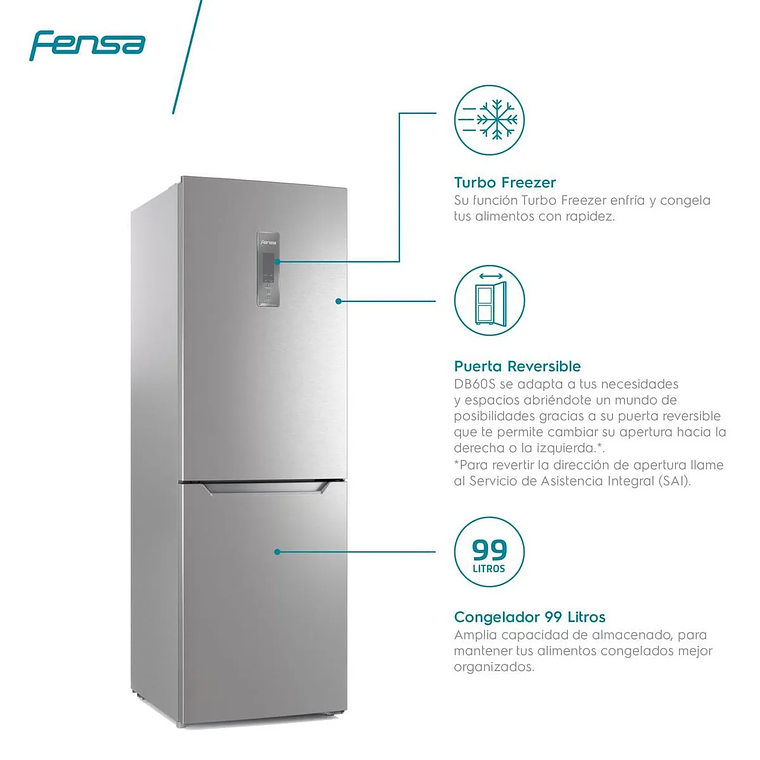 REFRIGERADOR FENSA 322L NO FROST BOTTOM FREEZER CON PUERTA REVERSIBLE DB60S INOX 3