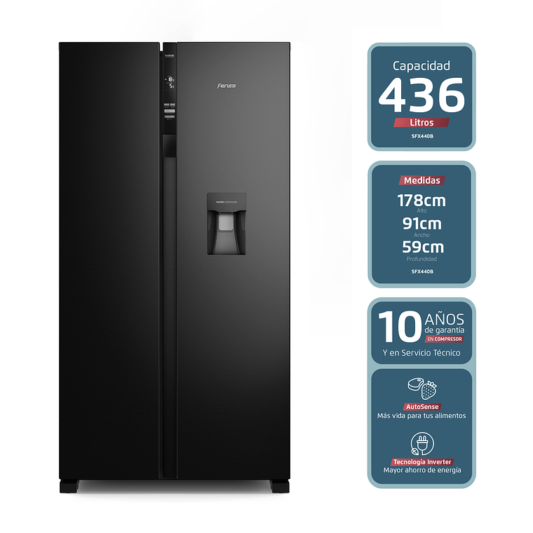 REFRIGERADOR FENSA 436L NO FROST SIDE BY SIDE INVERTER DISPENSADOR DE AGUA SFX440B NEGRO 2