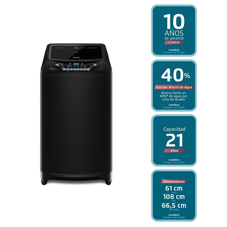 LAVADORA AUTOMÁTICA FENSA 21KG CARGA SUPERIOR AHORRO DE AGUA PREMIUM CARE 21 NEGRA 4