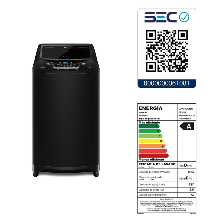 LAVADORA AUTOMÁTICA FENSA 21KG CARGA SUPERIOR AHORRO DE AGUA PREMIUM CARE 21 NEGRA 7
