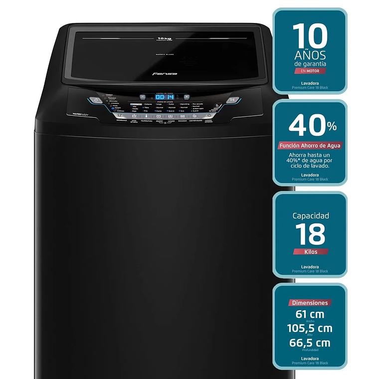 LAVADORA AUTOMÁTICA FENSA 18KG CARGA SUPERIOR AHORRO DE AGUA PREMIUM CARE 18 NEGRA 7