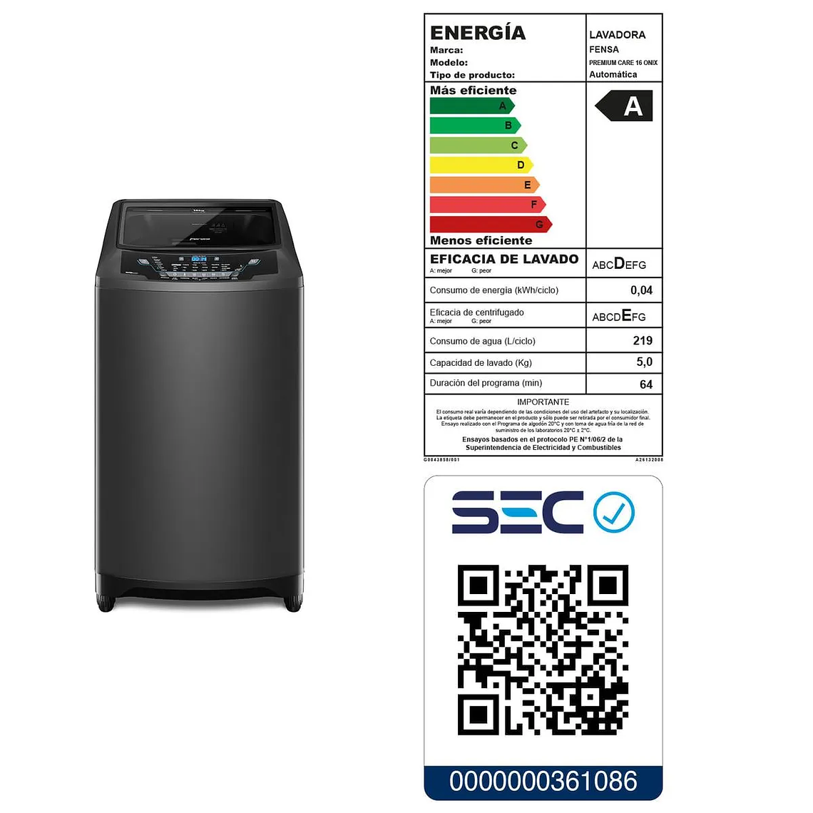 LAVADORA AUTOMÁTICA FENSA 16KG CARGA SUPERIOR AHORRO DE AGUA PREMIUM CARE 16 ONIX 16