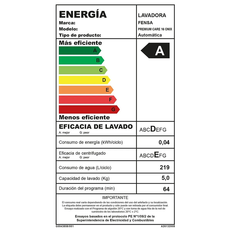LAVADORA AUTOMÁTICA FENSA 16KG CARGA SUPERIOR AHORRO DE AGUA PREMIUM CARE 16 ONIX 18